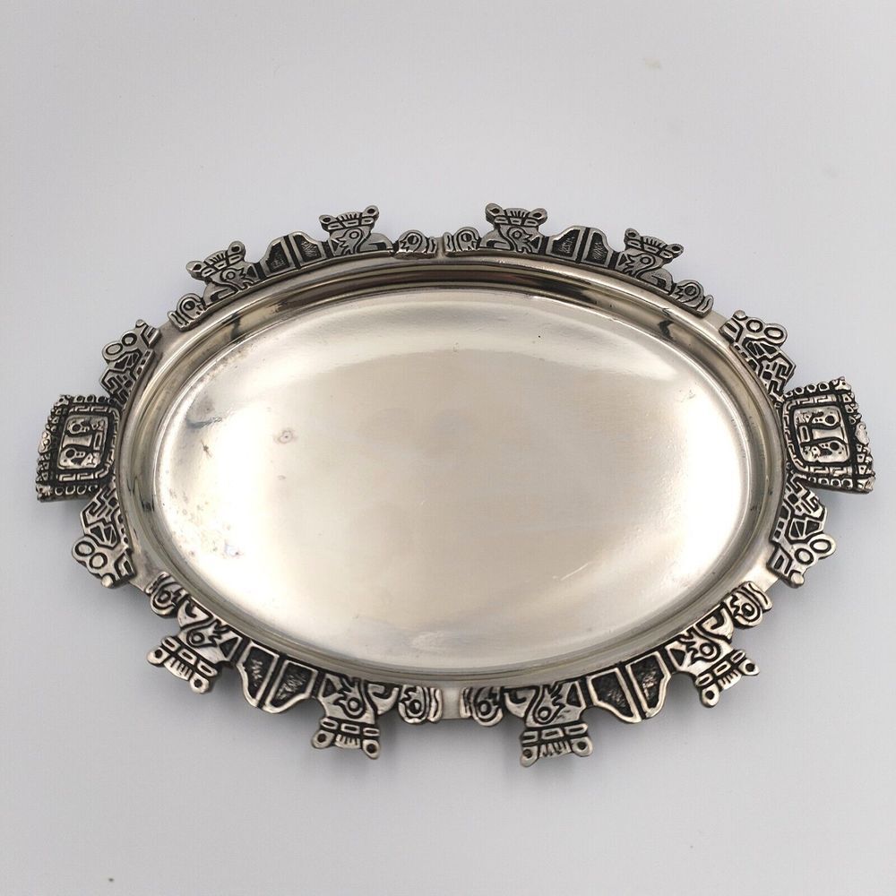 VTG Made in‎ Bolivia 97% Pewter Trinket Dish Oval Inca Tribal Indian Design FEMA